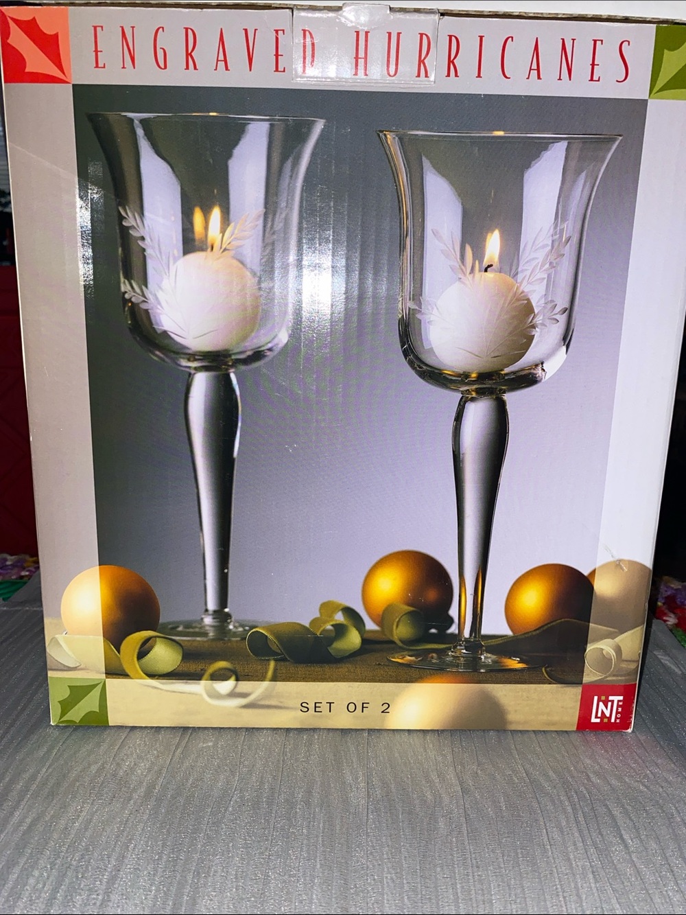 Engraved Clear Glass Hurricane Candle Holders Set of 2